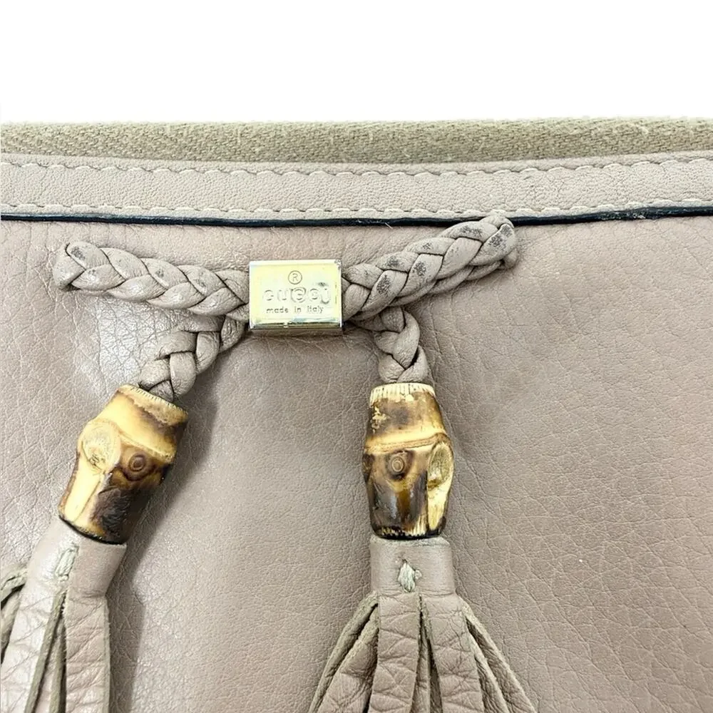 Gucci Leather Bamboo Tassel Bow Zip Brown Taupe Beige Continental Wallet