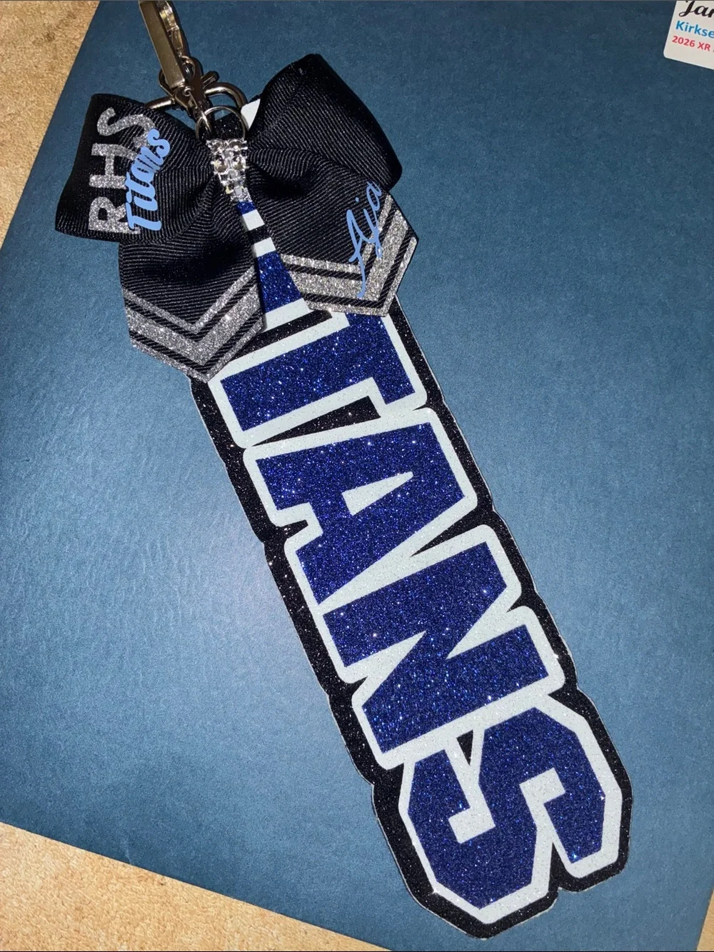 Titan Blue Glitter Name Keychain with Black Bow
