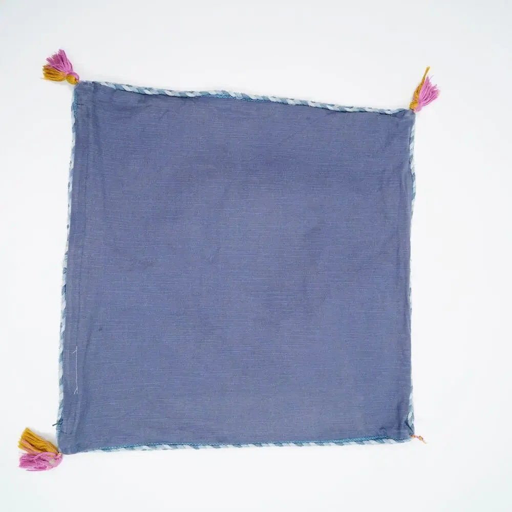 Moroccan Embroidered Pillow Cover 20x20 Blue Cotton Fringe Tassel Cushion Cover