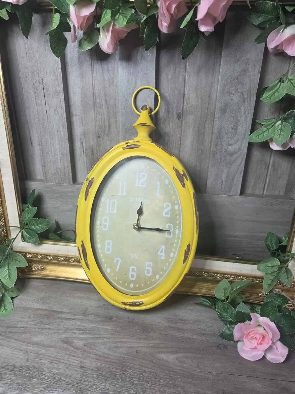 Distressed Yellow Oval Wall Clock Vintage Farmhouse Rustic Quartz 11