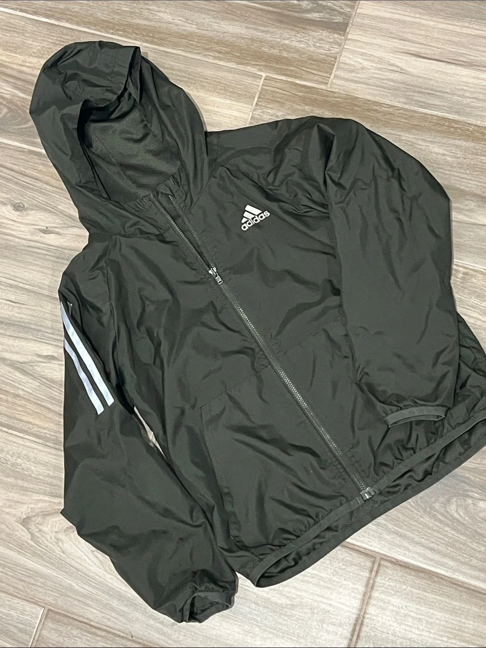 adidas Kids Army green Hooded Windbreaker with Gray Iridescent Stripe Accents