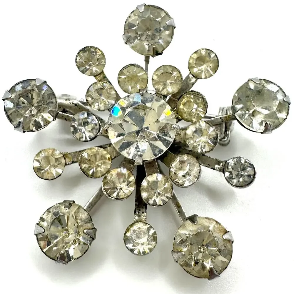 Vintage 1950s silver tone clear glass rhinestones starburst Sputnik brooch