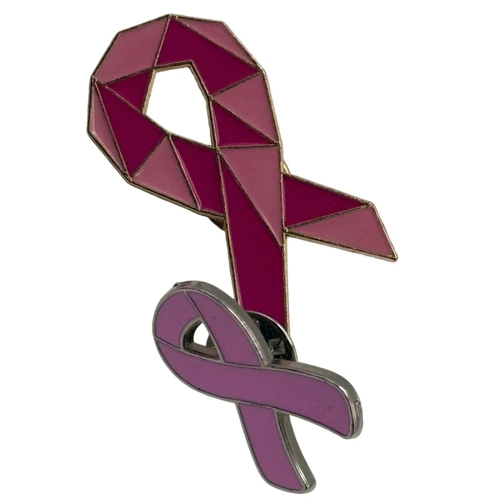 2 Pink Ribbon Breast Cancer Awareness Enamel Lapel Pins Geometric Ribbon Lot