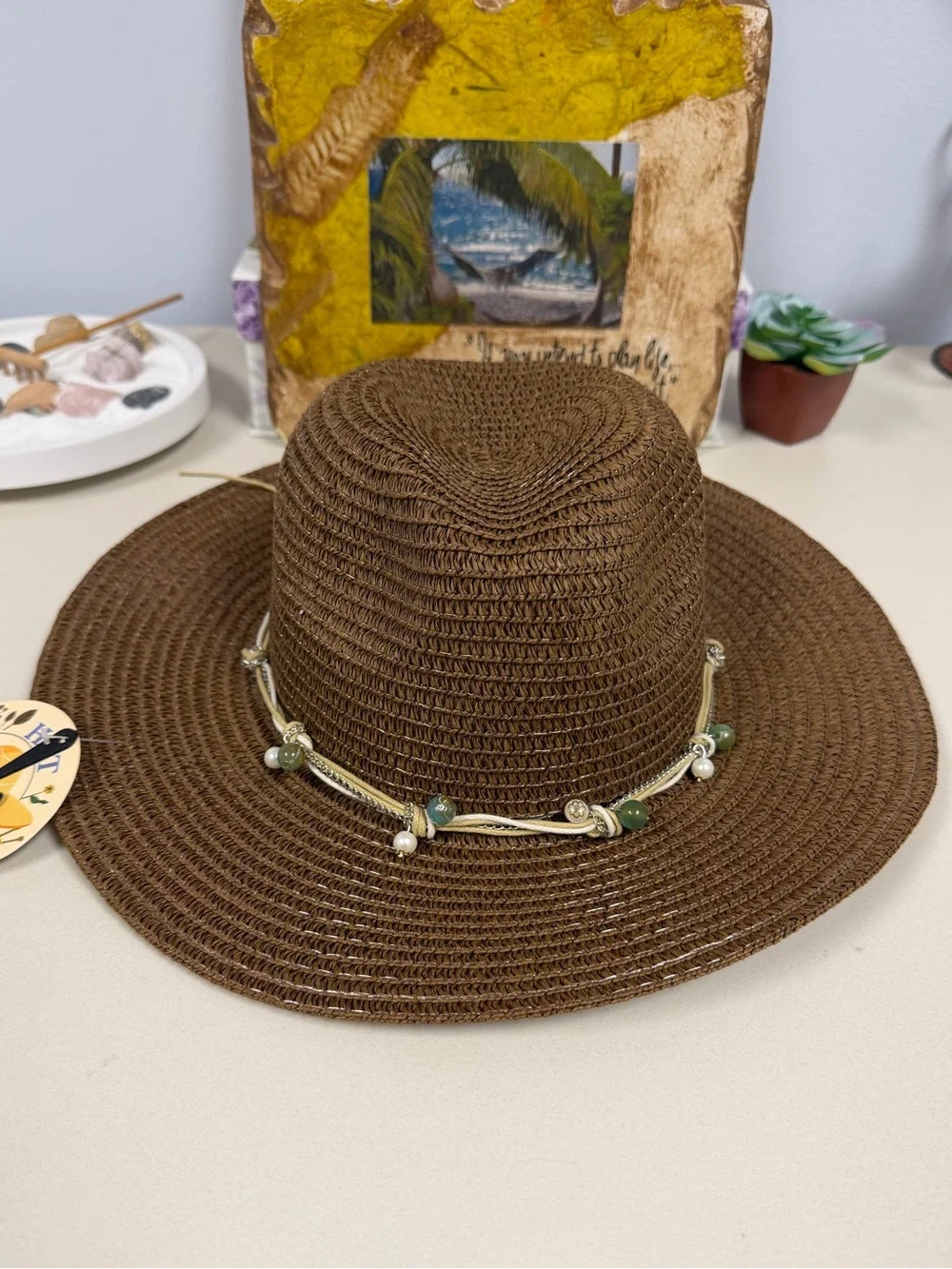 ROYAL Brown Beaded Silver Tone Chain Triple Cord Tie Coastal Boho Straw Sun Hat