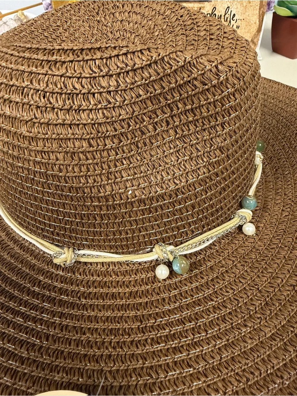 ROYAL Brown Beaded Silver Tone Chain Triple Cord Tie Coastal Boho Straw Sun Hat