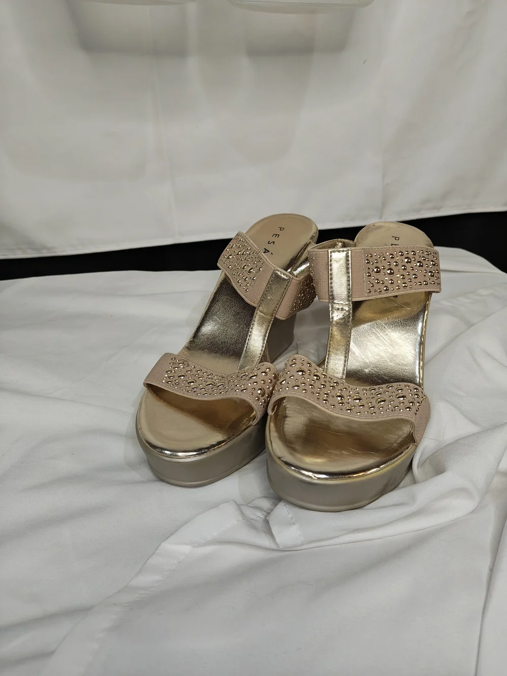 Pesaro Beige Gold Studded Womens Wedge Sandals