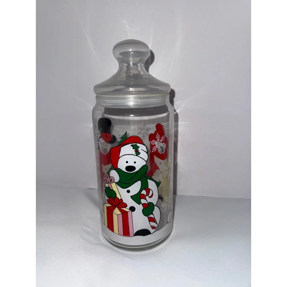 Christmas Holiday Glass Apothecary Jar Polar Bear Snowman Candy Cookie Canister