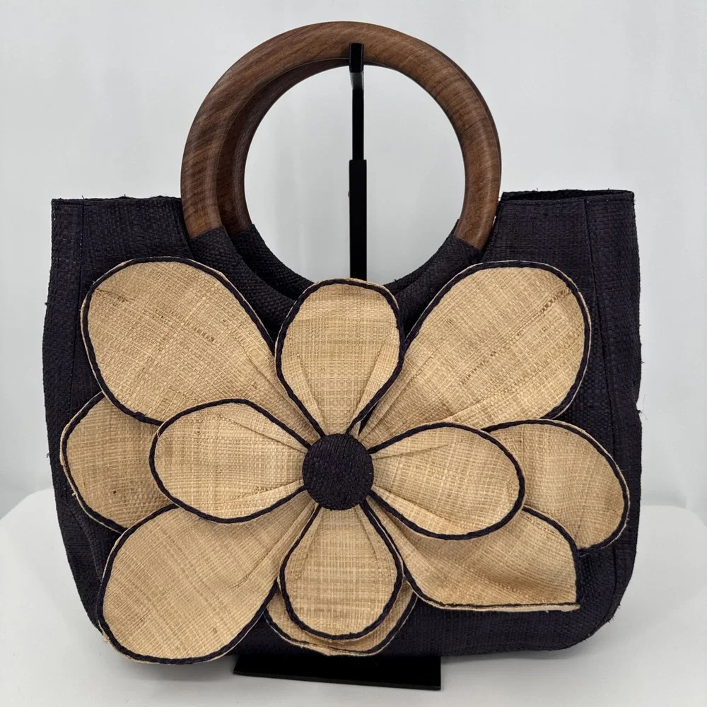 Mar Y Sol Guadalupe Straw & Blue Flower Raffia Tote w/Wood Handle I5