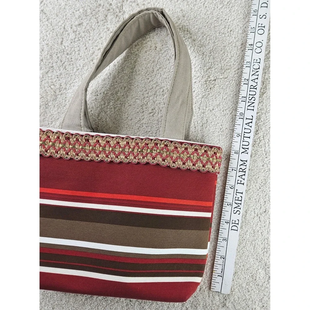 OOAK Handmade Striped Tote Bag Red‎ White Brown Gold Trim Snap Closure Purse