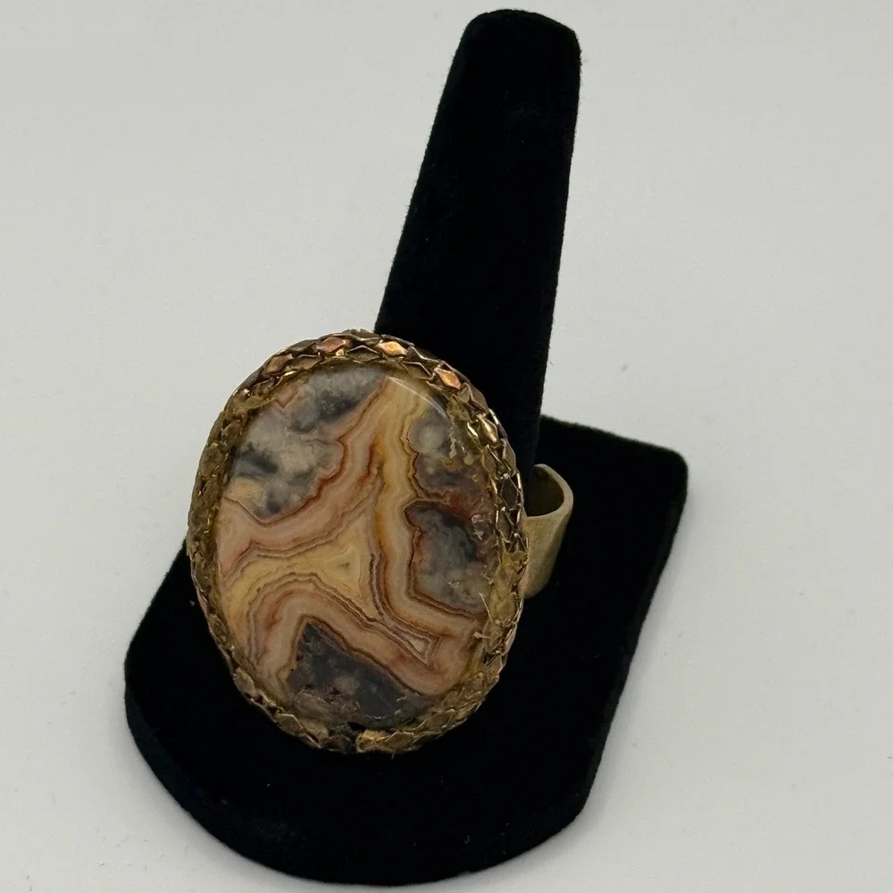 Vintage Banded Agate Adjustable Statement Ring Oval Natural Stone Boho Artisan