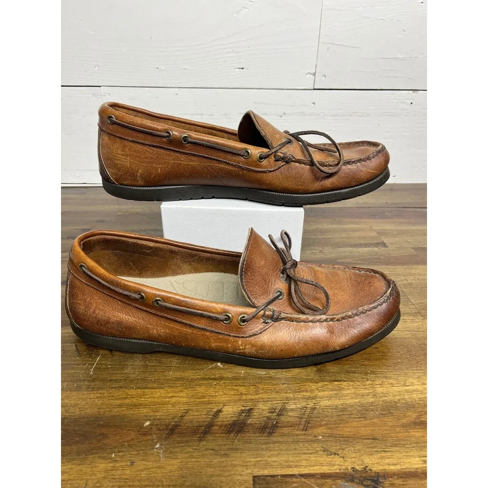 LL Bean Mens Handsewn Camp Mocs Brown Leather Boat Shoes Loafers Slip On