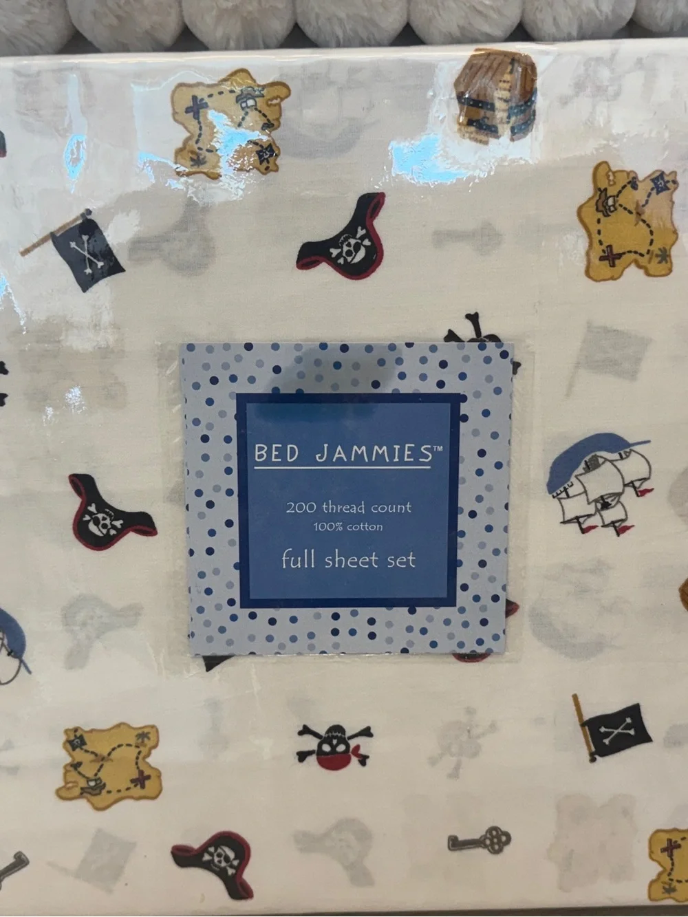 Bed Jammies Pirate Print Full Sheet Set - White with Red, Black, Yellow Accents