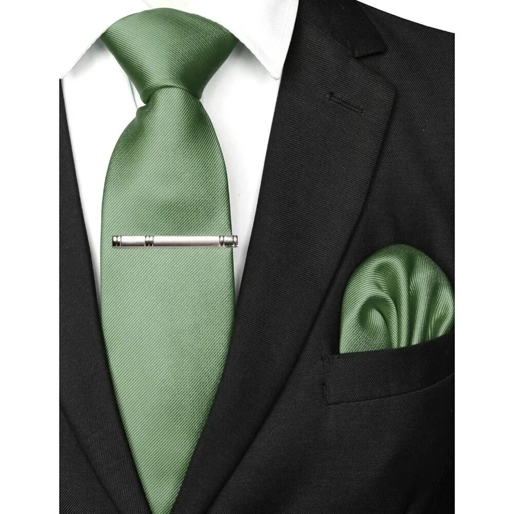 Men's Sage Green Colour Formal Necktie and Pocket Square Tie Clip Sets