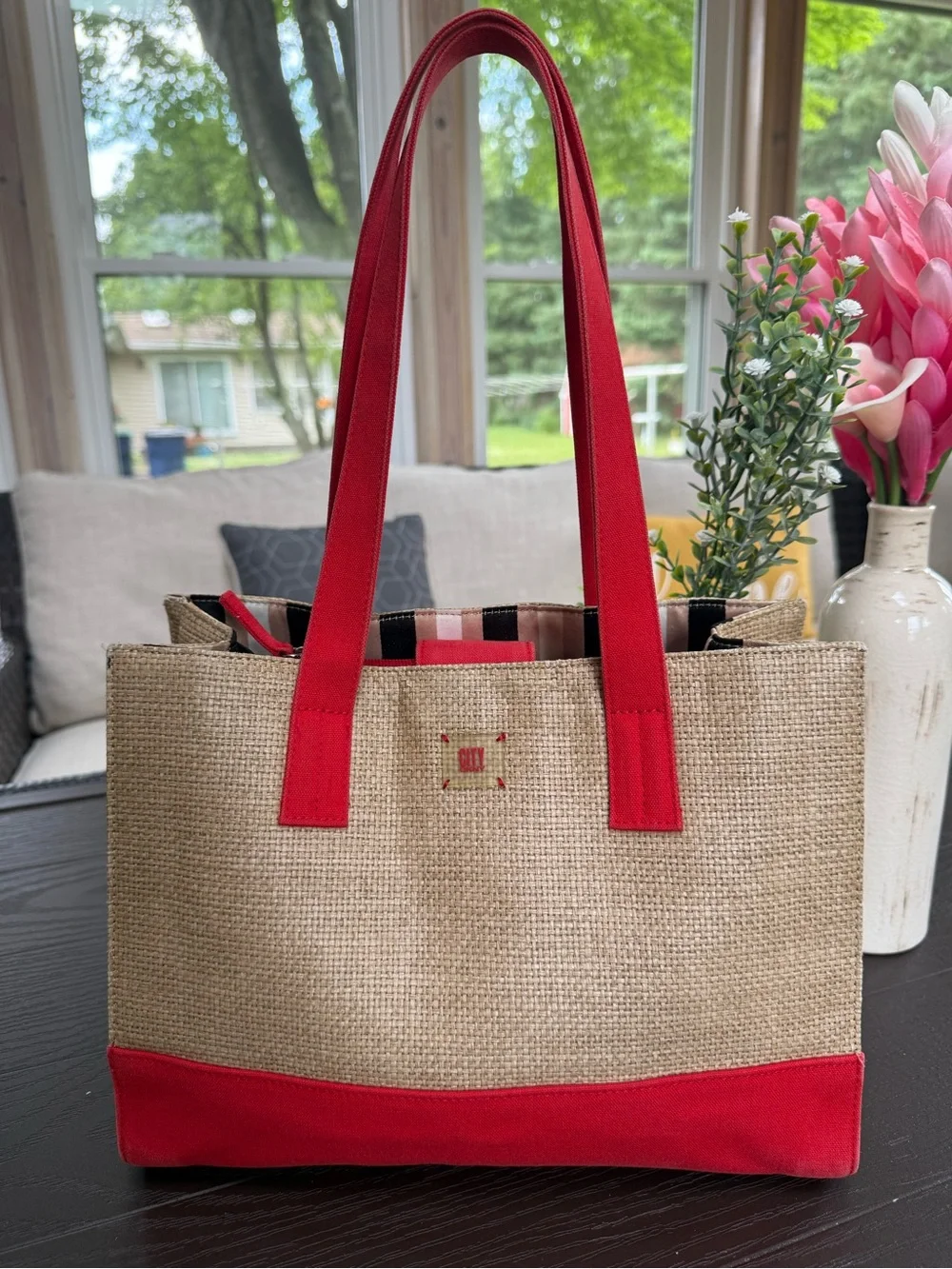 DKNY City Straw Canvas Tote Bag Red & Natural Large Shoulder Bag