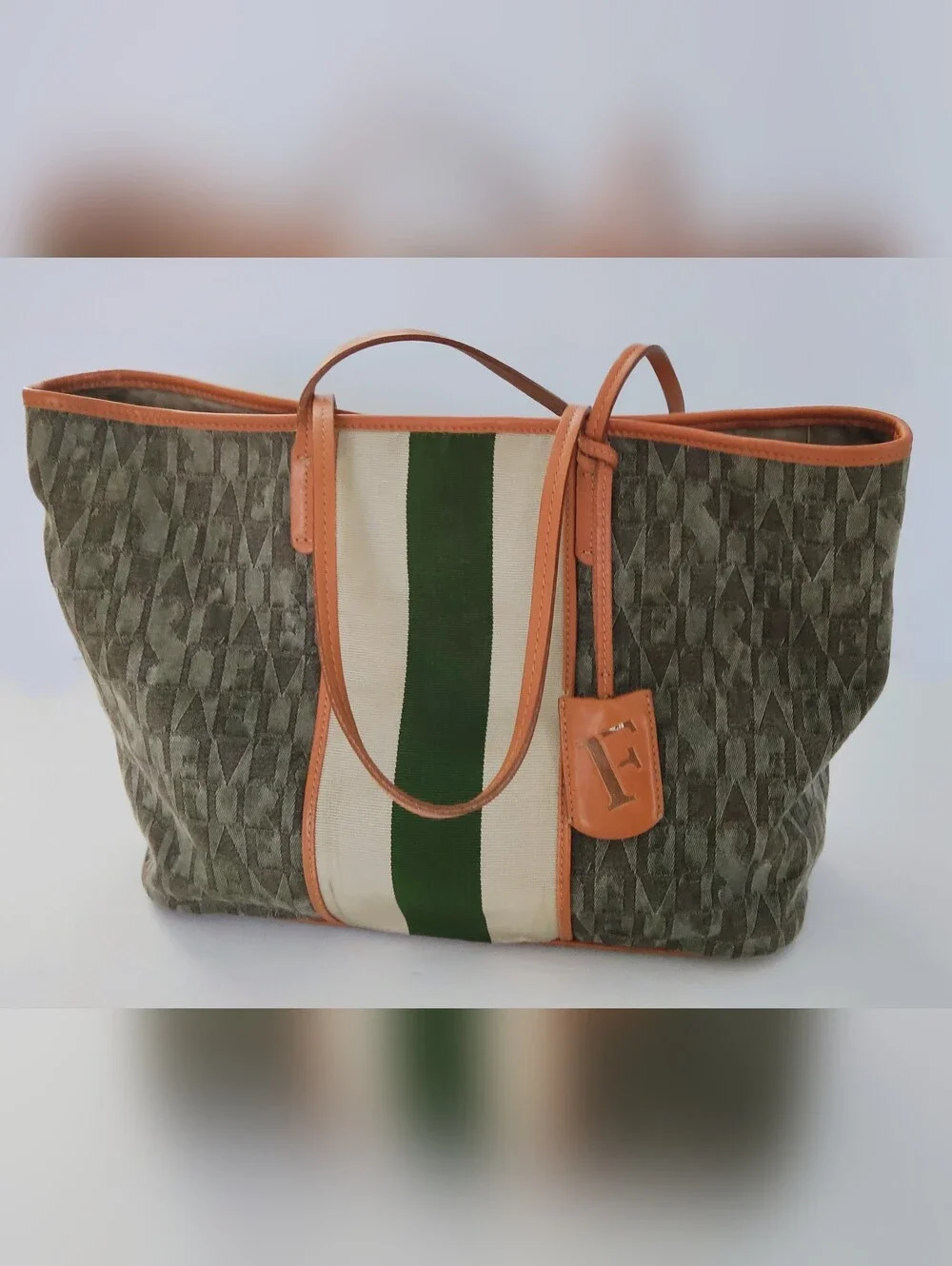 Furla Canvas Tote Bag with Green Stripe and Tan Lether Trim. Pre-owned.