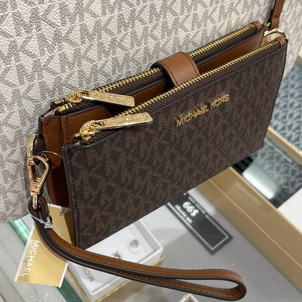 Michael Kors Jet Set Travel Large Double-Zip Wristlet-Wallet-PhoneHolder Brown