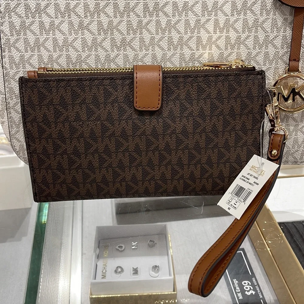 Michael Kors Jet Set Travel Large Double-Zip Wristlet-Wallet-PhoneHolder Brown