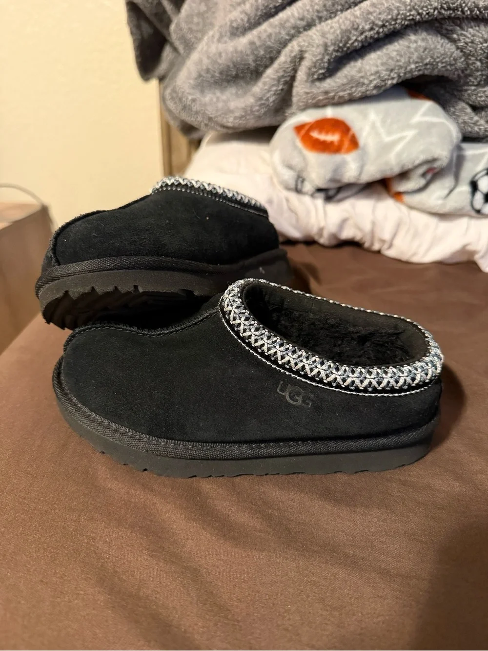 UGG Black Suede Slip-On Shearling Clog with Braided Trim