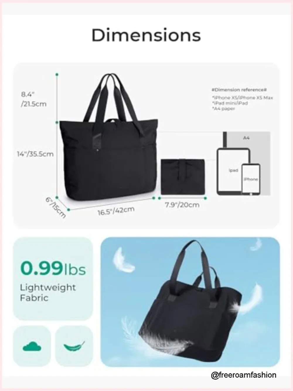 Large Foldable Tote Bag with Zipper, Travel Shoulder Bag for Work Gym