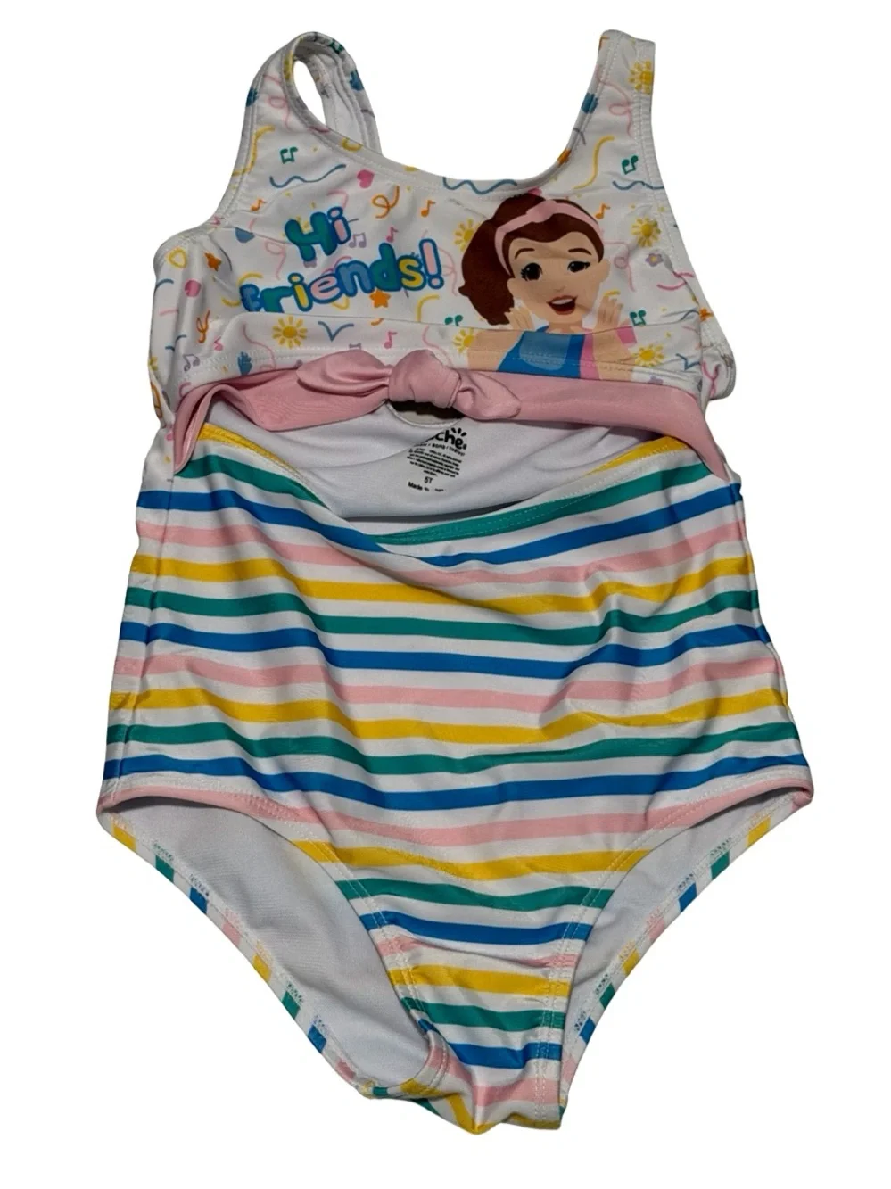 Ms. Rachel Girls One Piece Swimsuit Multicolor Stripe Bow Beach Pool 5T