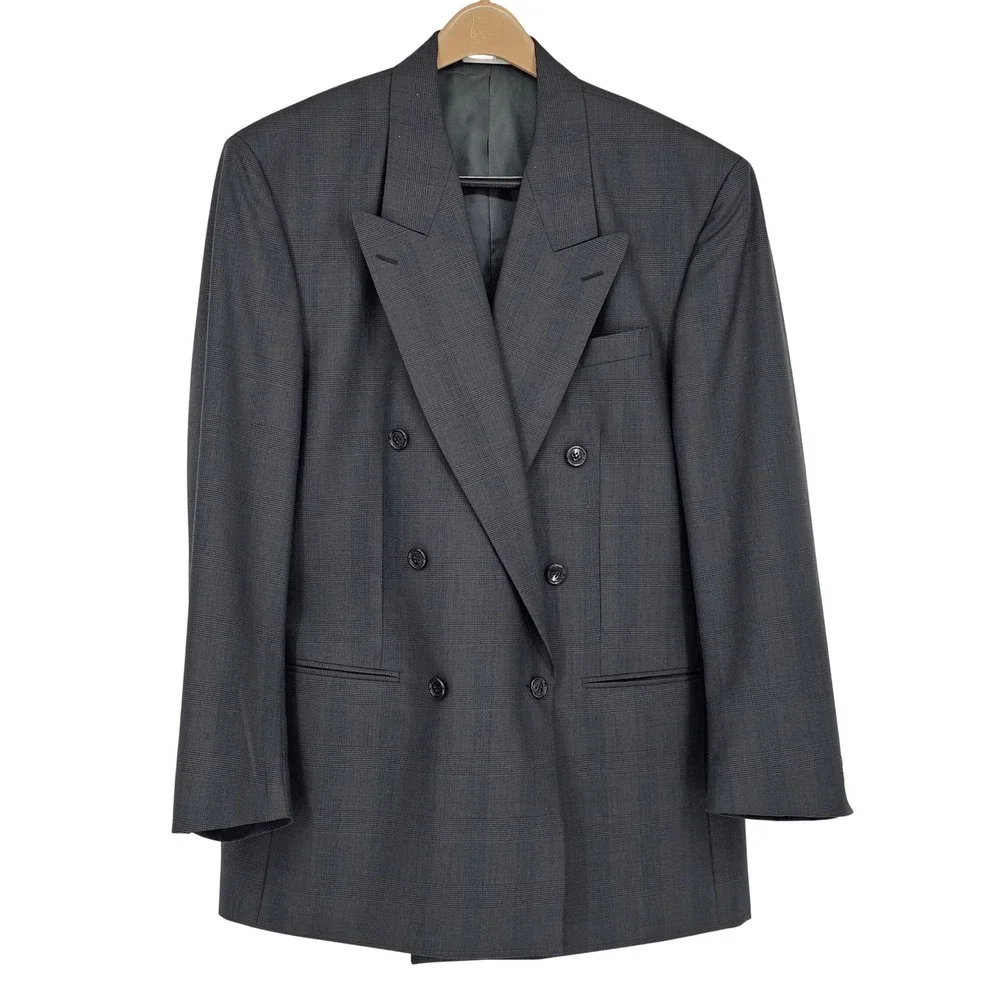 Yves Saint Laurent Double Breasted Suit 42R Gray Plaid Vintage Designer Business