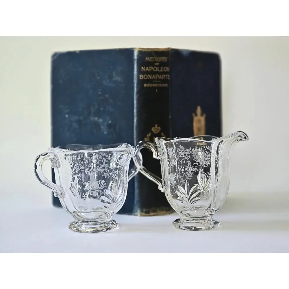 Vintage Creamer & Open Sugar Bowl in Fostoria Chintz Pattern, Pristine Condition