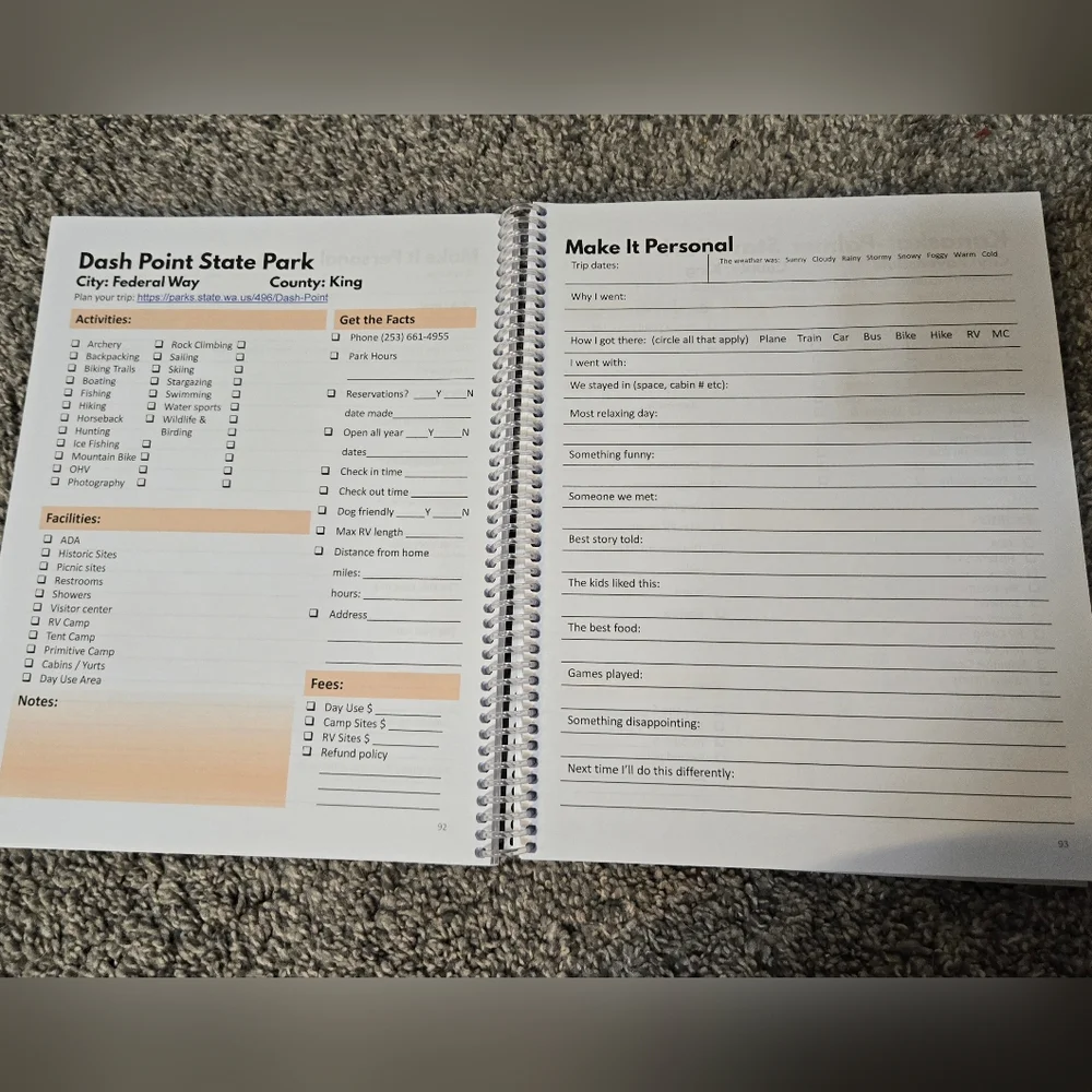 Washington State Parks Bucket Journal, Explore 140 Parks Record Memories