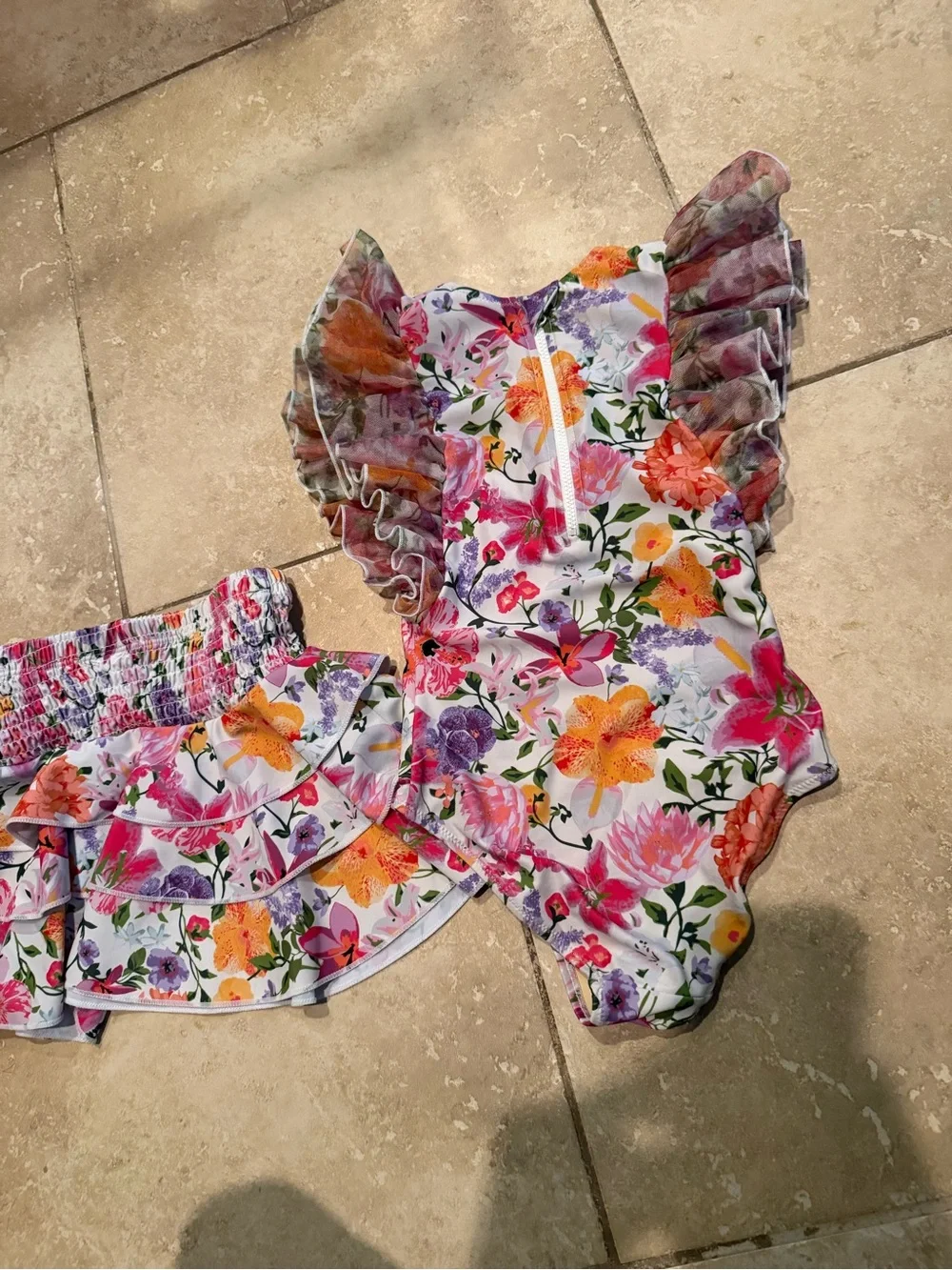 Shade Critters Floral Girls Swim Dress - Pink & Purple Flowers on White
