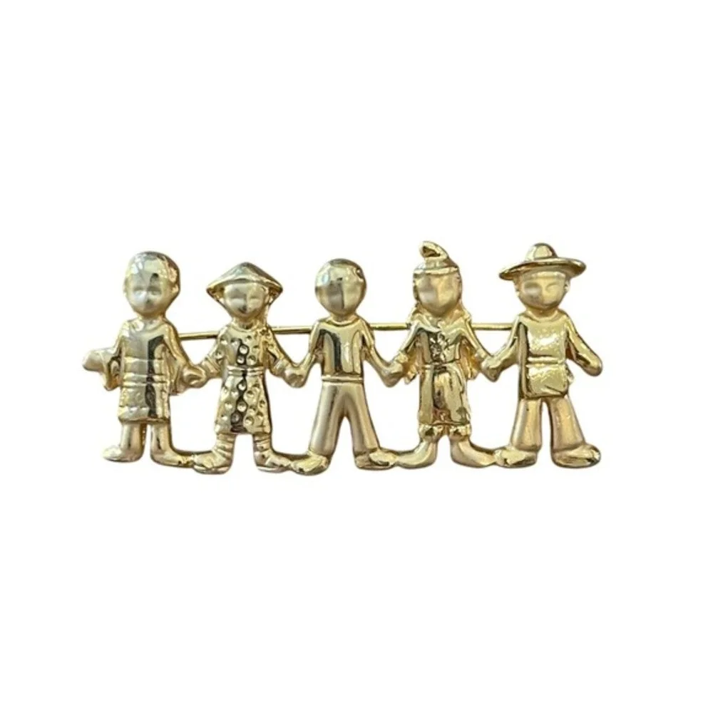 Five Gold-Tone‎ Figures Holding Hands Brooch