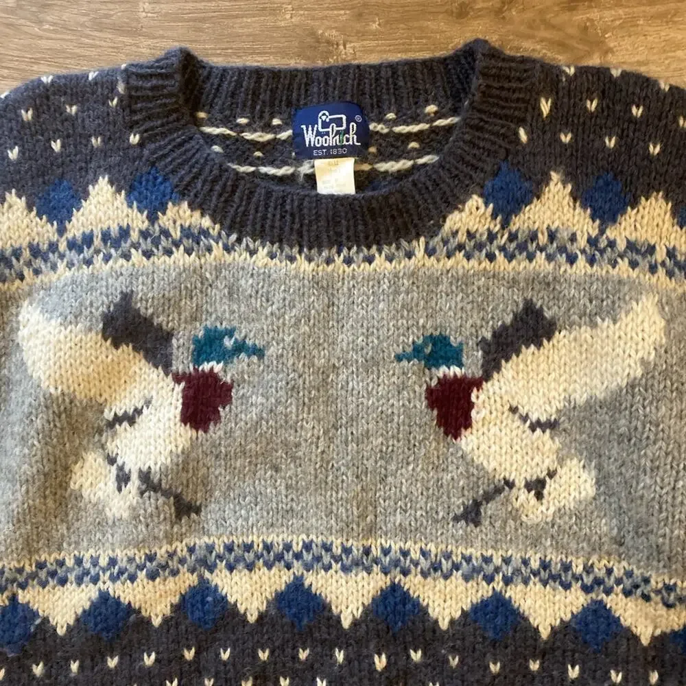 Woolrich Duck Mallard Graphic Knit Sweater Pullover 100% Wool Size Medium