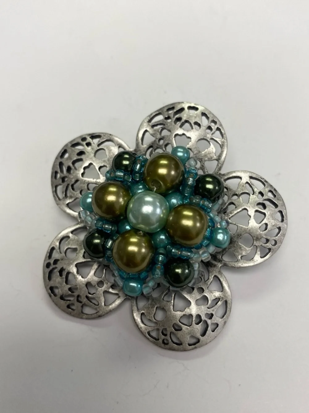Floral Beaded Silver-Tone Brooch with Teal and Olive beads