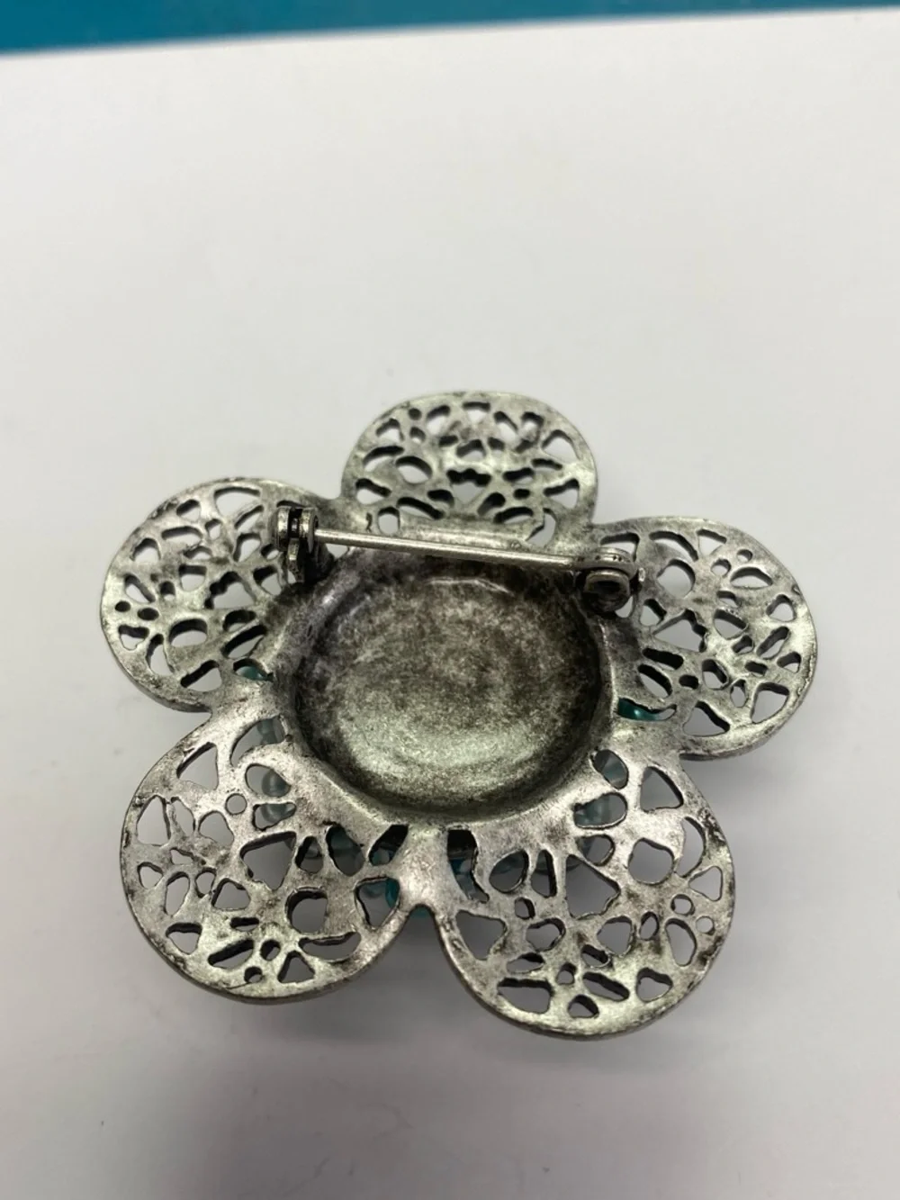 Floral Beaded Silver-Tone Brooch with Teal and Olive beads
