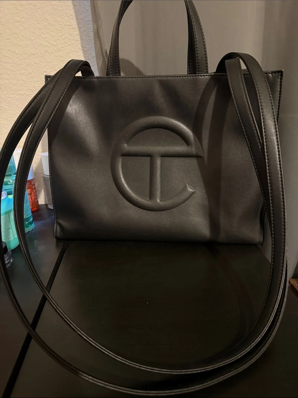 Telfar Black Logo Medium Tote in Smooth Leather-Look
