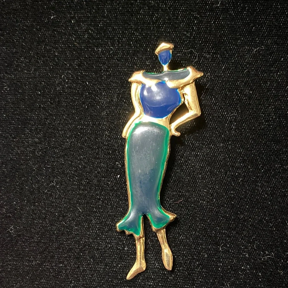 Elegant vintage Gold woman with blue and green accented Fashion Brooch pin