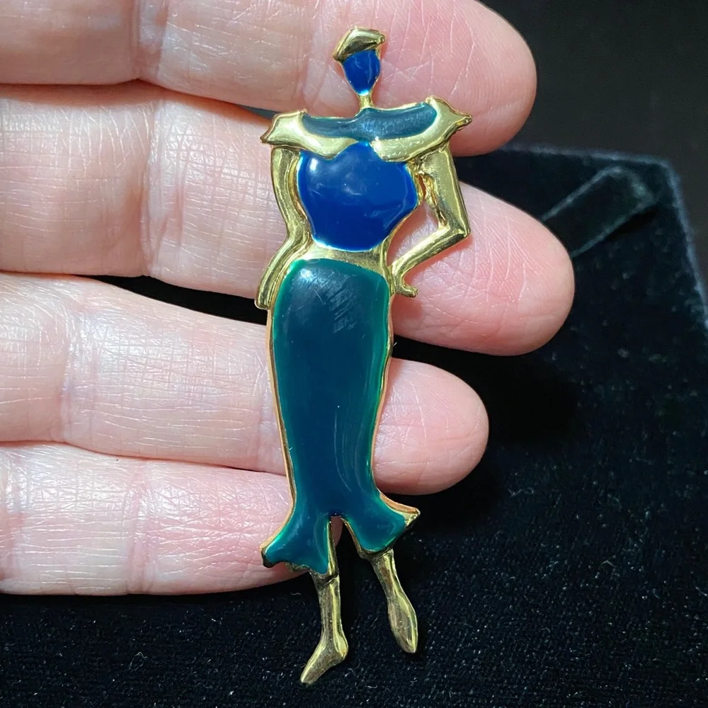 Elegant vintage Gold woman with blue and green accented Fashion Brooch pin