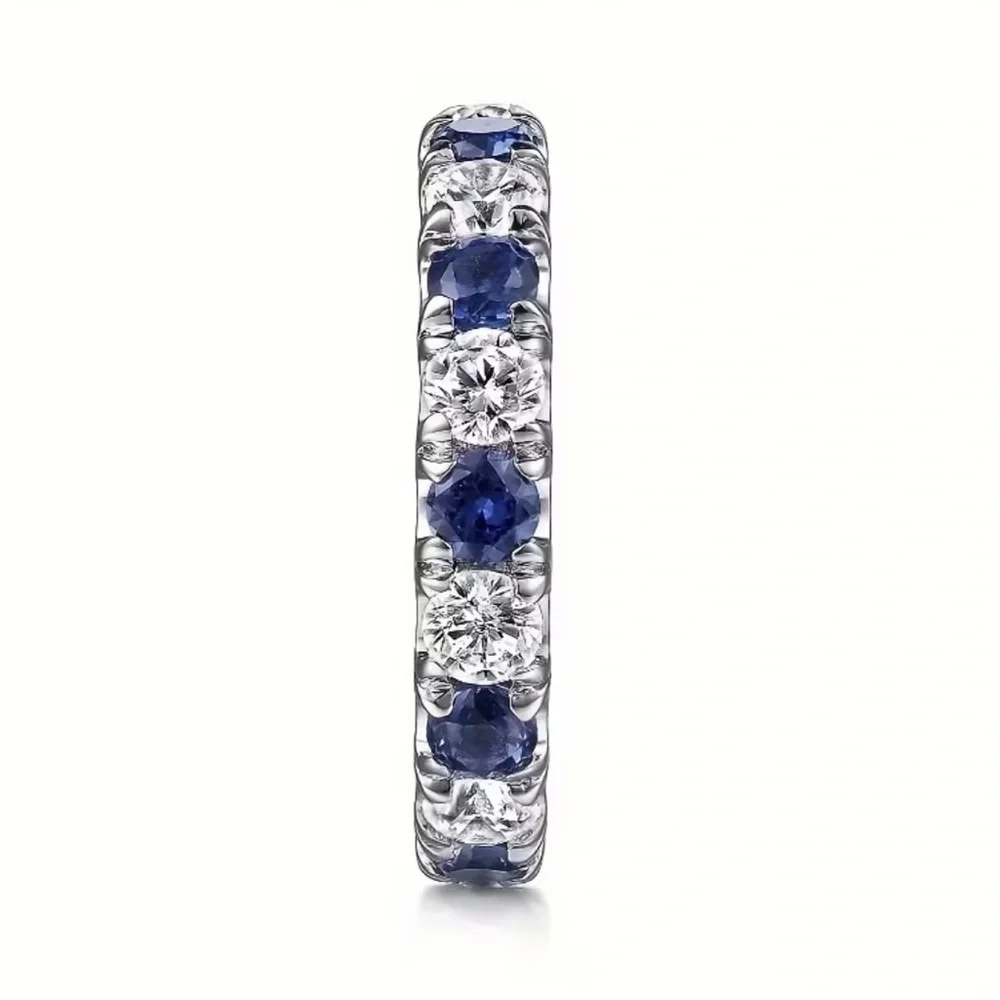 Silver White and Blue Sapphire Moissanite Gemstone Band Ring - Size 7