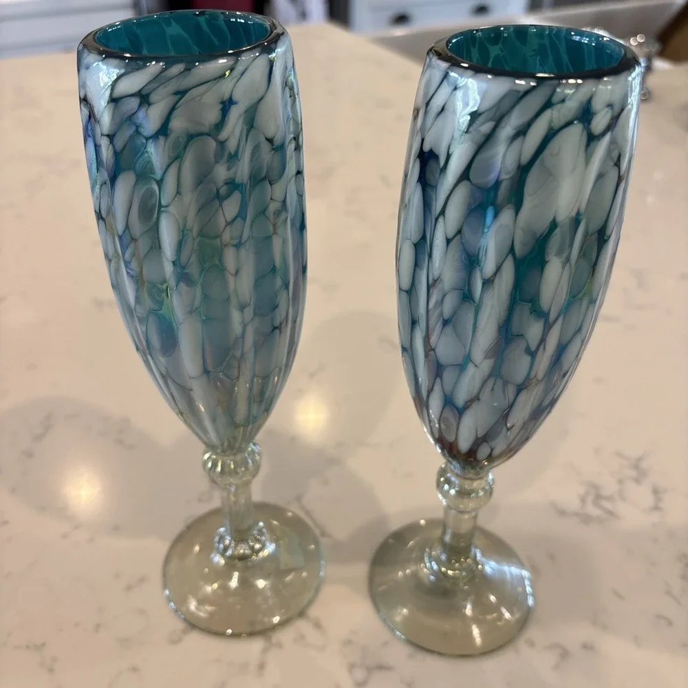 Cobalt Blue White Iridescent MexicoBlown Art Champagne Flute‎ Wine Glass Wedding