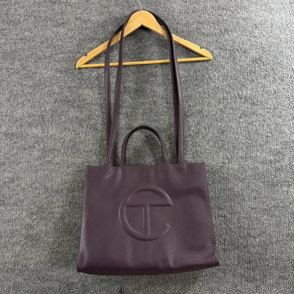 Telfar Medium Eggplant Shopping Tote Bag Purple Faux Leather Logo Crossbody