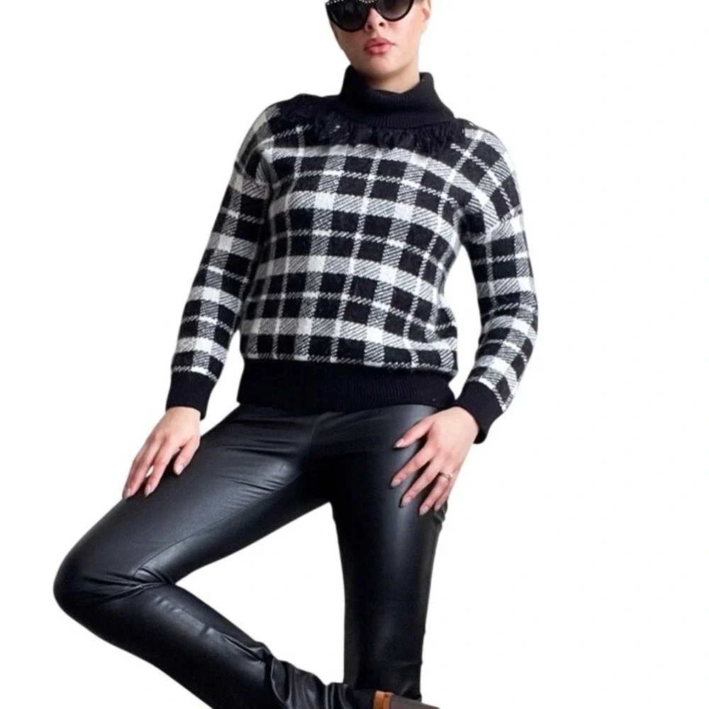 Kate Spade Dark Academia Plaid Checked Mohair Fringe Turtleneck Sweatshirt