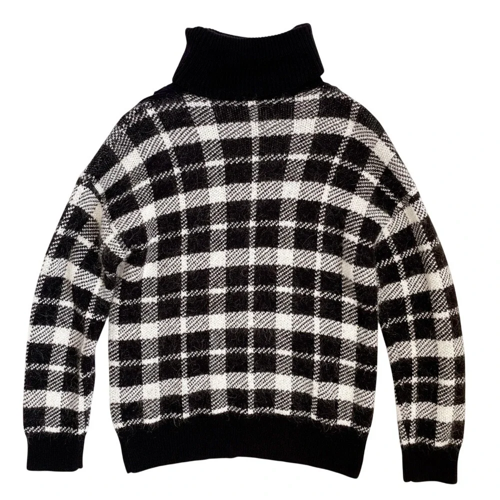 Kate Spade Dark Academia Plaid Checked Mohair Fringe Turtleneck Sweatshirt