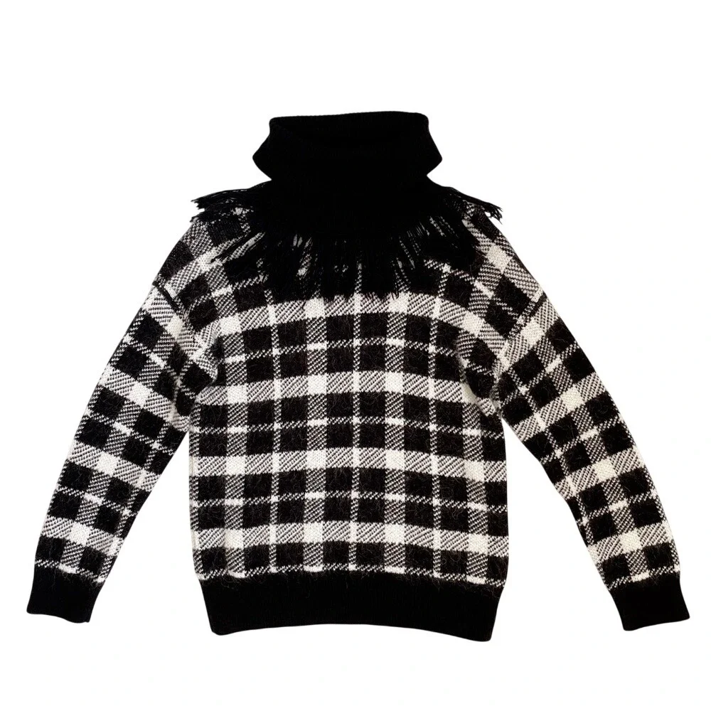 Kate Spade Dark Academia Plaid Checked Mohair Fringe Turtleneck Sweatshirt