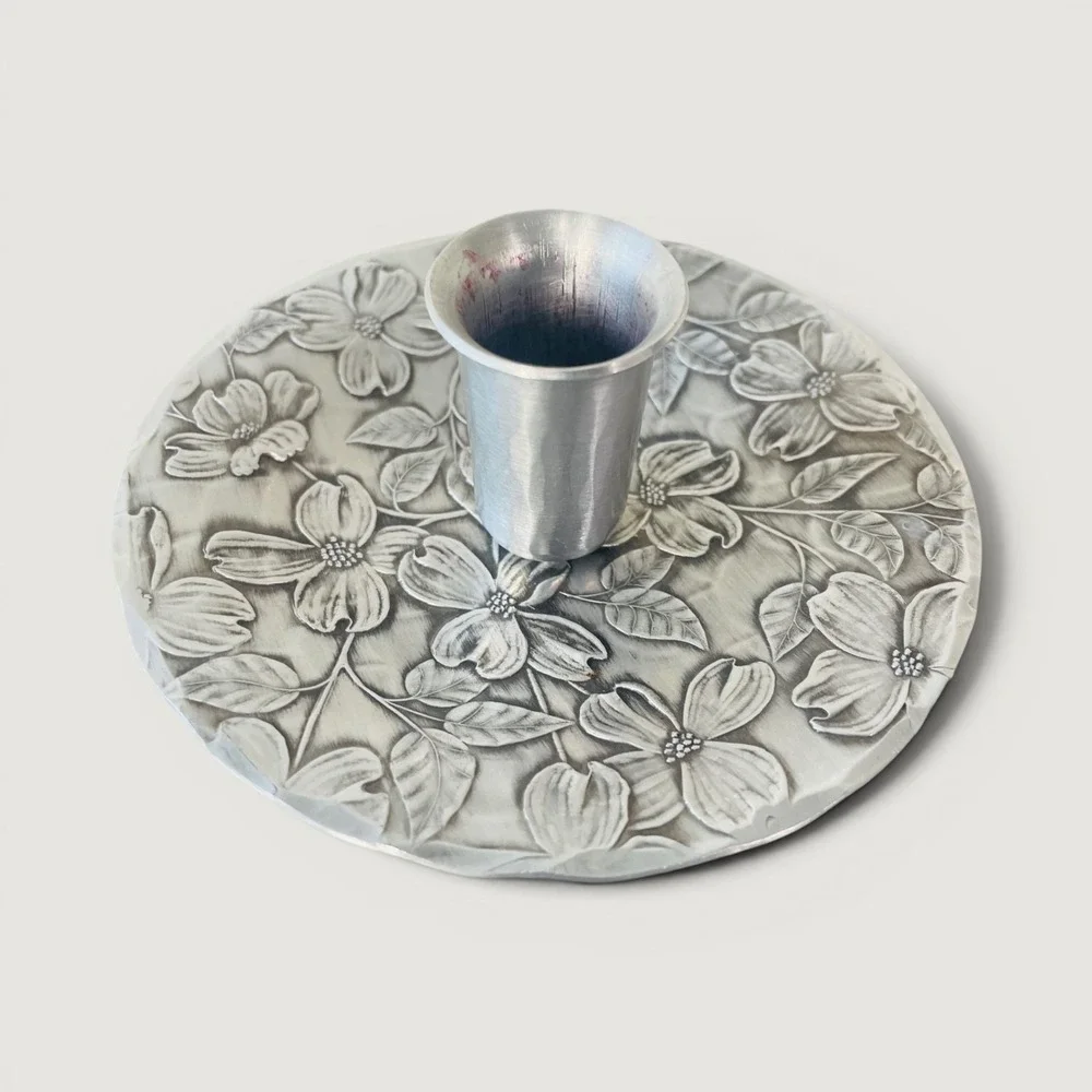 Wendell August Forge Handmade Aluminum Rose Floral Candle Holder Footed USA