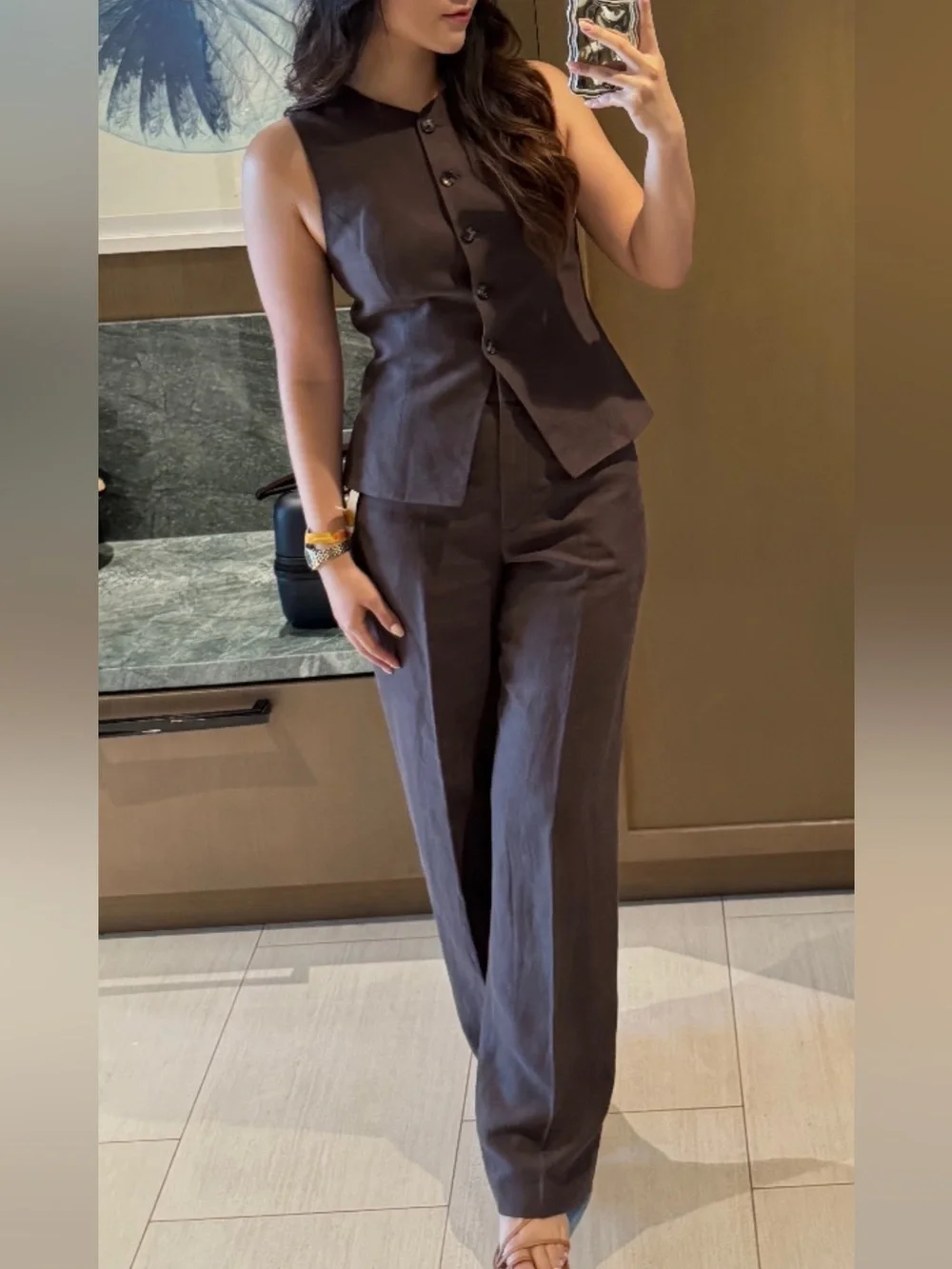 Aritzia Brown Linen Set: Vest and Limitless Dark Brown Trousers