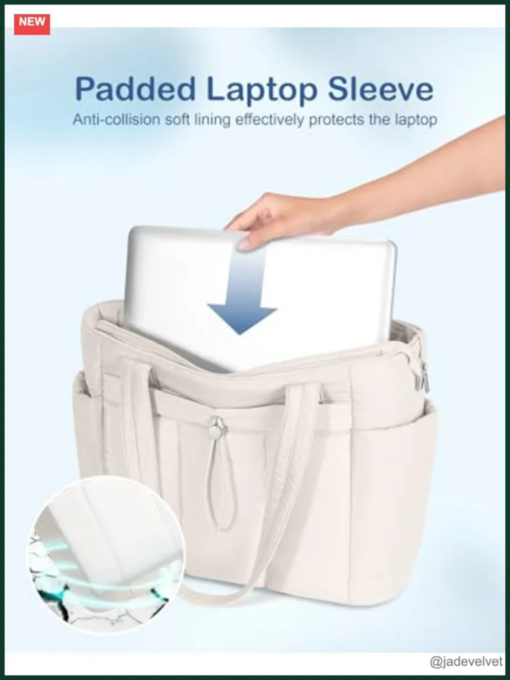 Puffy Tote Bag with Cup Holder & Laptop Compartment, Travel Work Bag