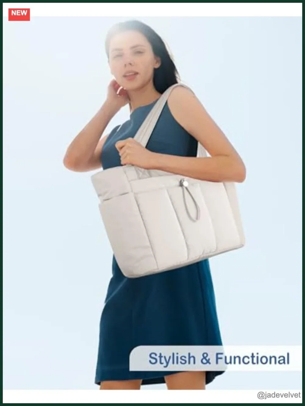Puffy Tote Bag with Cup Holder & Laptop Compartment, Travel Work Bag