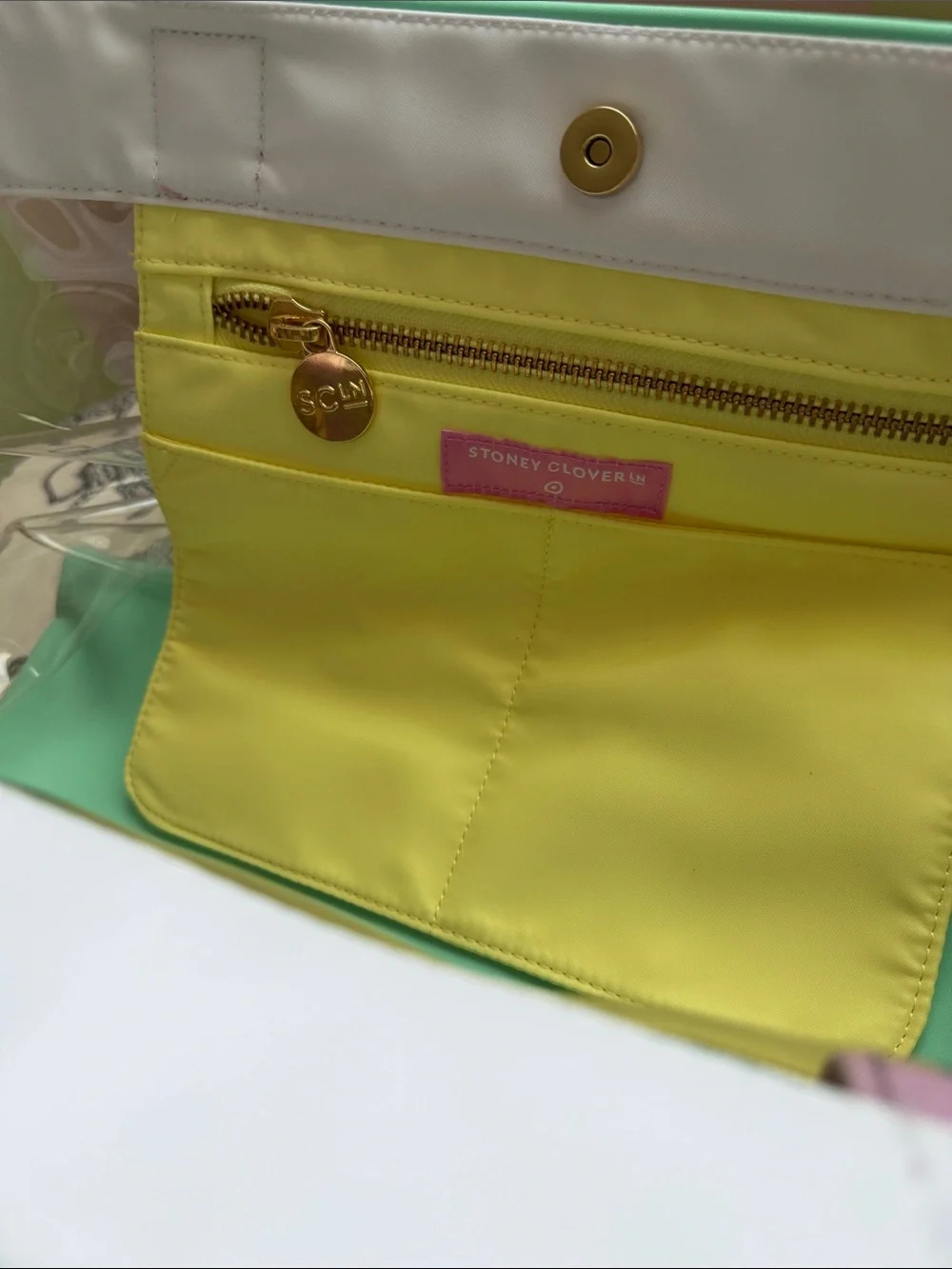 Stoney Clover Lane Clear Tote with Lavender Trim, Mint Base & Yellow Pouch