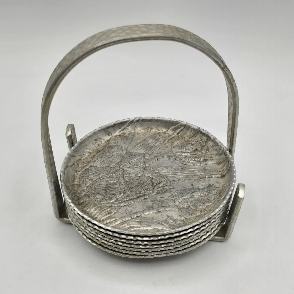 Vintage Hammered‎ Aluminum Coaster Set Tulip Floral Design 7 Pc Mcm Cottagecore