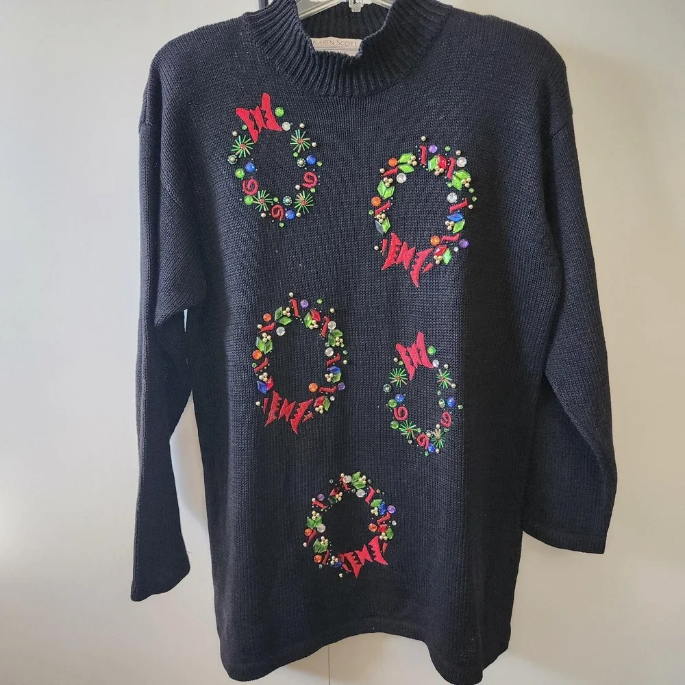 Black with bejeweled wreaths, ugly Christmas sweater size large crew neck