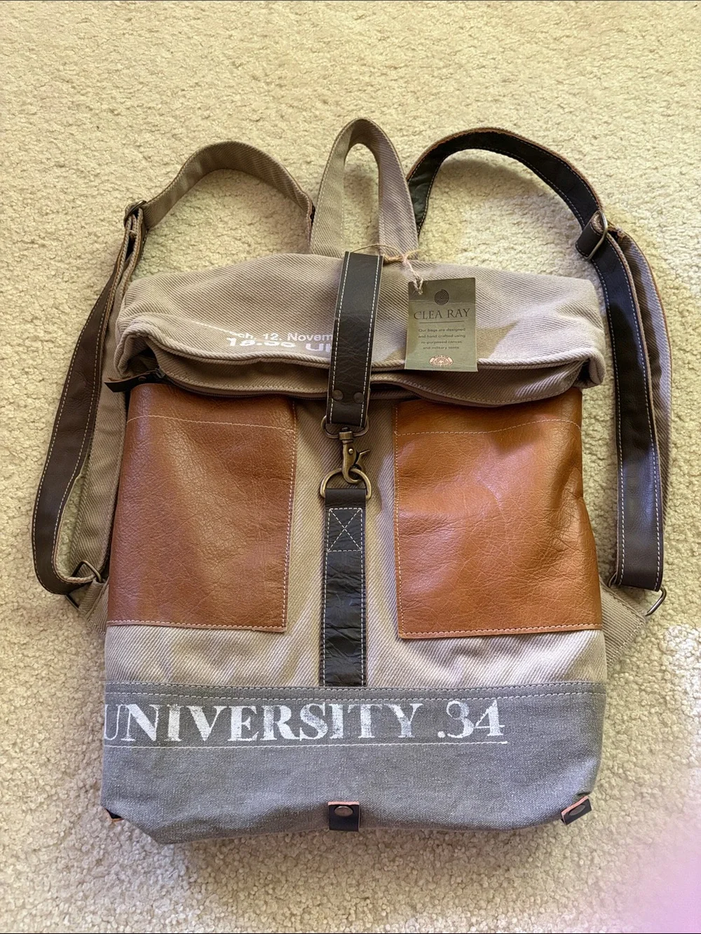 New Clea Ray University 34 Canvas & Brown Leather Roll-Top Backpack