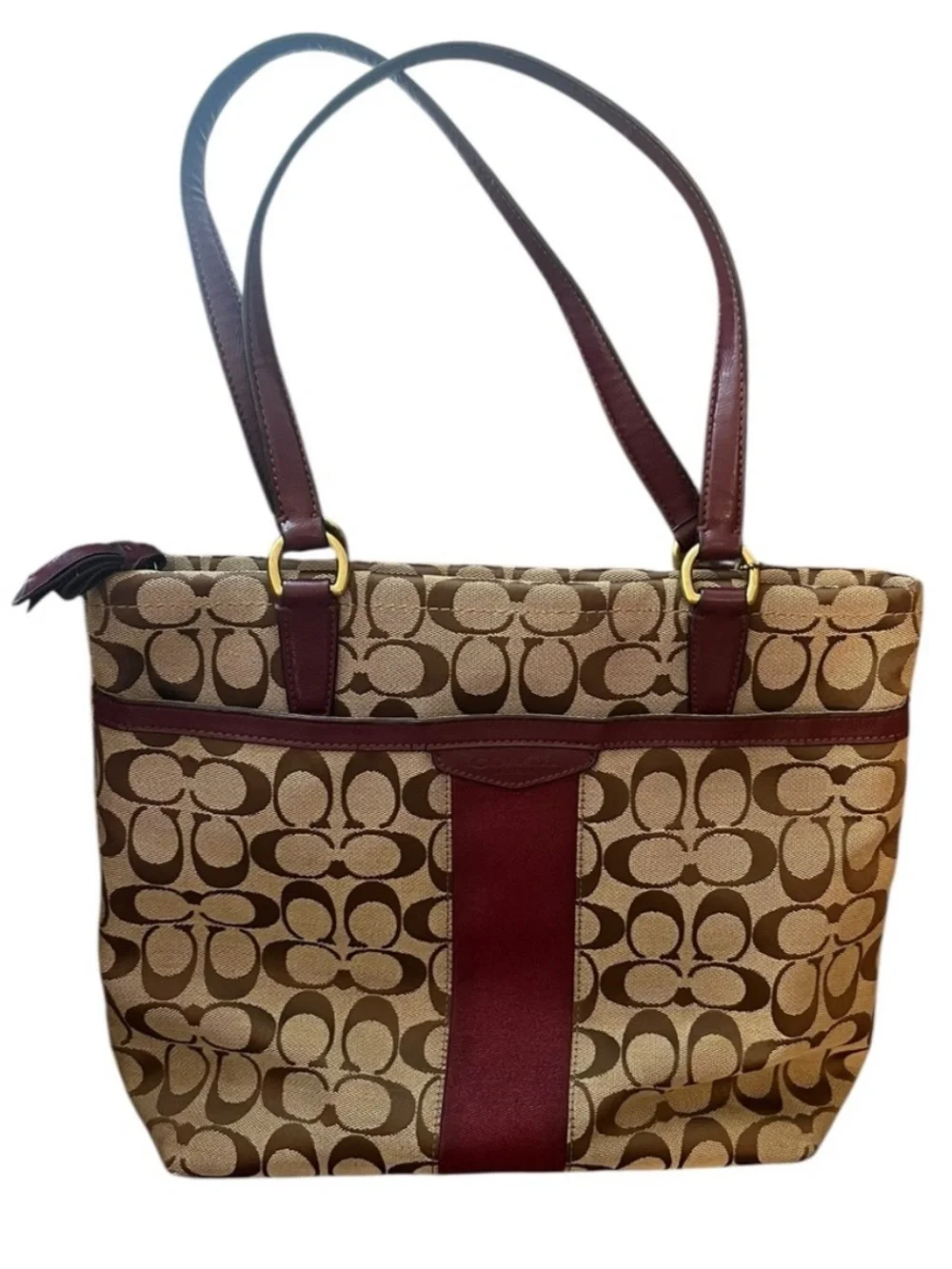 Coach Signature Stripe Khaki Brown Canvas Tote Bag Burgundy Leather Trim F28504